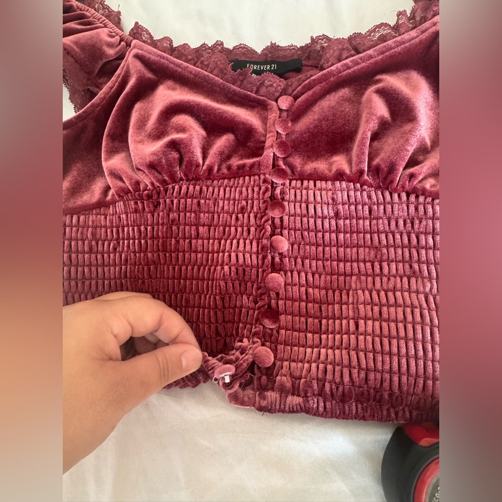 Forever 21 Burgundy Velvet Lace Crop Top | Romantic Parisian Coquette - Picture 8 of 8